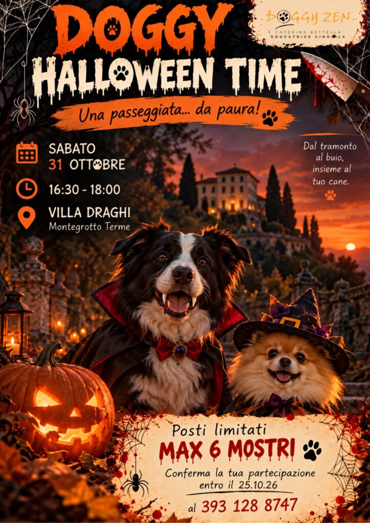 🎃 Una passeggiata… da paura! Sabato 31 ottobre, dalle 16:30 alle 18:00, Doggy Zen ti aspetta a Villa Draghi, Montegrotto Terme, per un Halloween speciale insieme al tuo cane. Tra tramonto, esplorazione, attività olfattive e qualche sorpresa mostruosa! 👻🐾 Posti limitati a 6 binomi.
